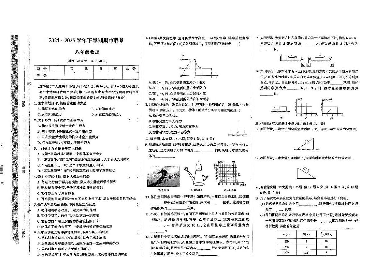 河南省鲁山县第七教研区2024-2025学年八年级下学期期中考试物理试卷第1页