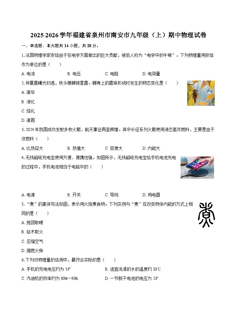 2025-2026学年福建省泉州市南安市九年级（上）期中物理试卷-自定义类型第1页