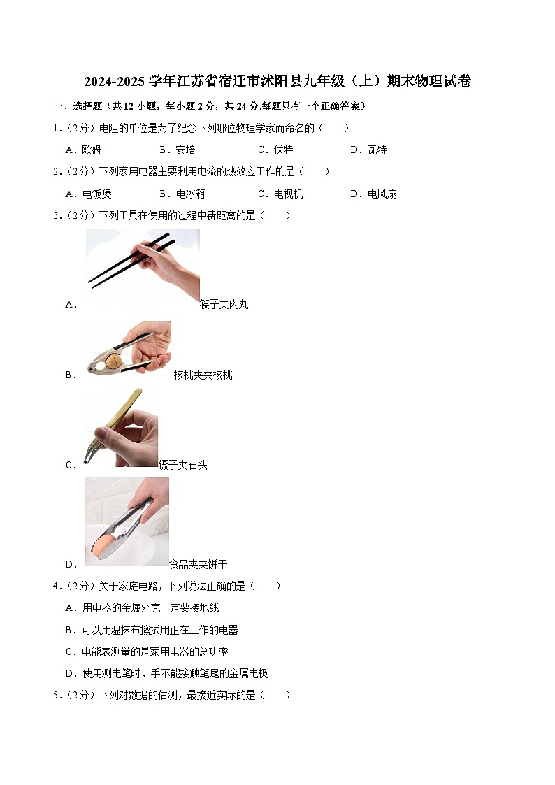 江苏省宿迁市沭阳县2024-2025学年九年级上学期考试期末物理试卷第1页