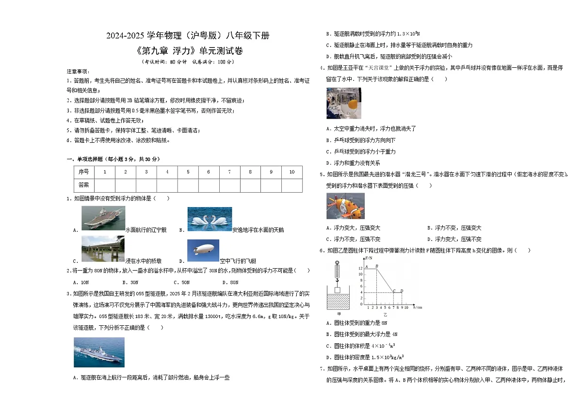 初中物理（沪粤版）八年级下册 《第九章 浮力》单元测试卷（A3版）第1页