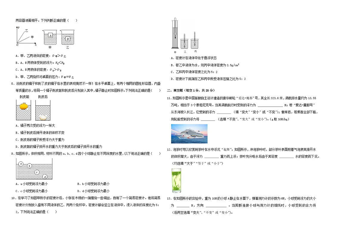 初中物理（沪粤版）八年级下册 《第九章 浮力》单元测试卷（A3版）第2页