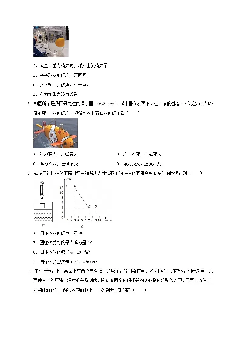 初中物理（沪粤版）八年级下册 《第九章 浮力》单元测试卷（A4版）第2页
