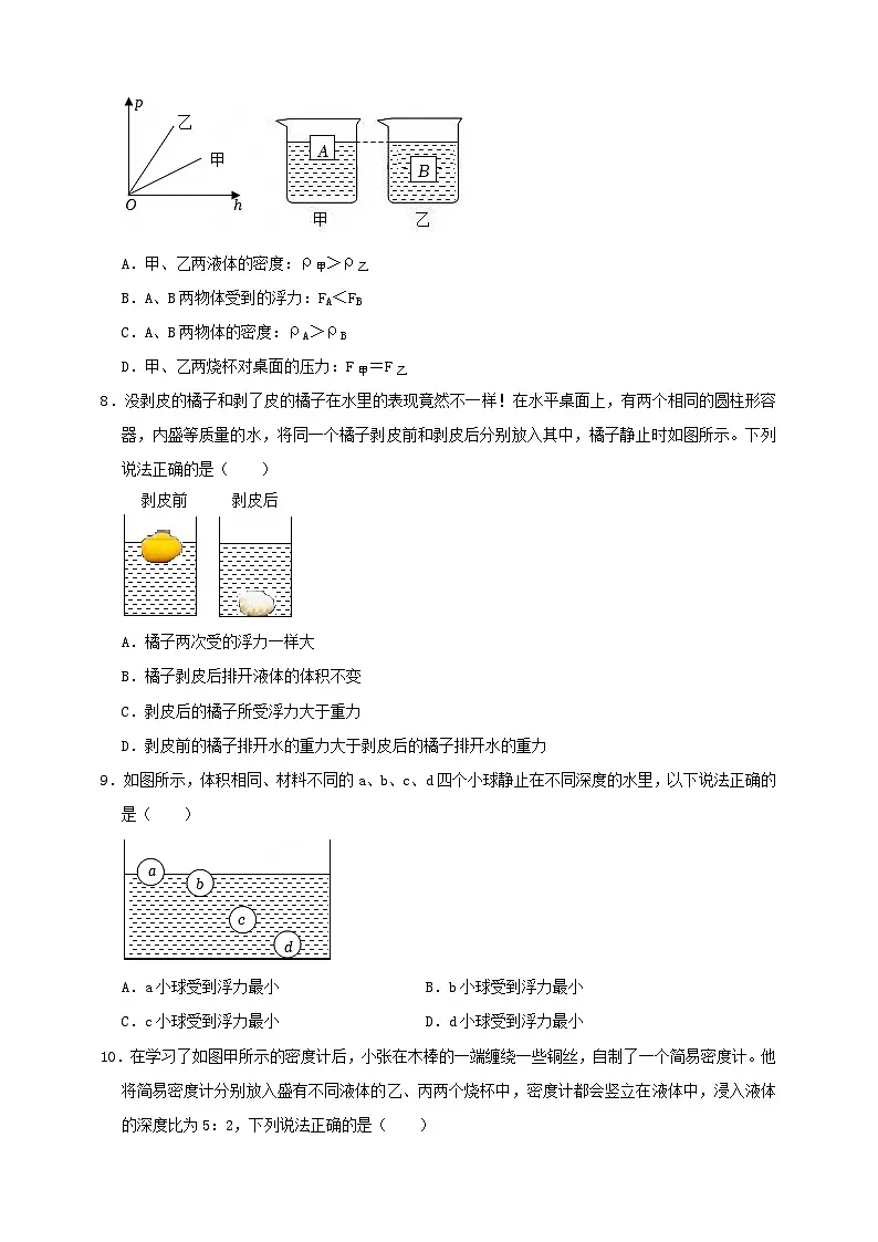 初中物理（沪粤版）八年级下册 《第九章 浮力》单元测试卷（A4版）第3页
