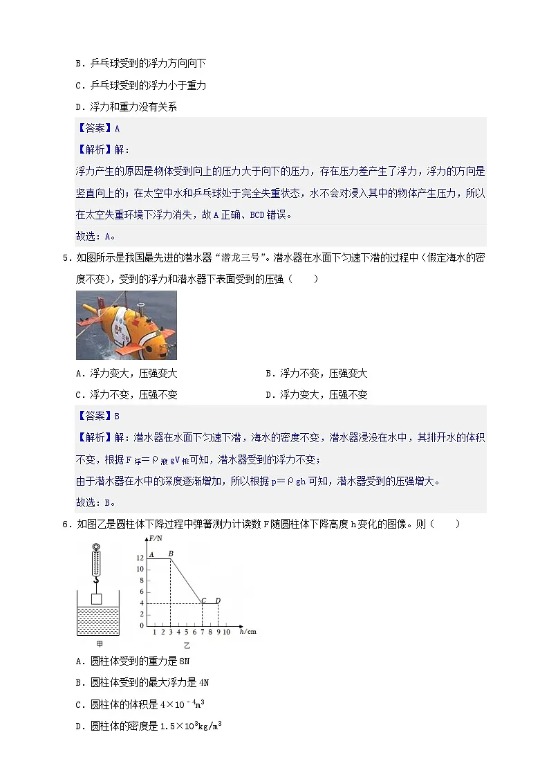 初中物理（沪粤版）八年级下册 《第九章 浮力》单元测试卷（解析版）第3页