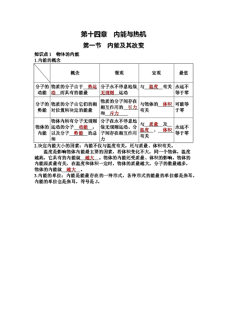 第十四章内能与热机 知识清单 2025-2026学年物理沪科版（2024）九年级全一册第1页