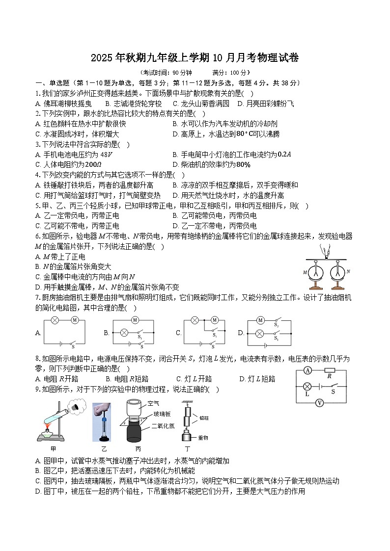 2024-2025学年泸州市江阳区第二学区九年级（上）10月月考物理试卷第1页