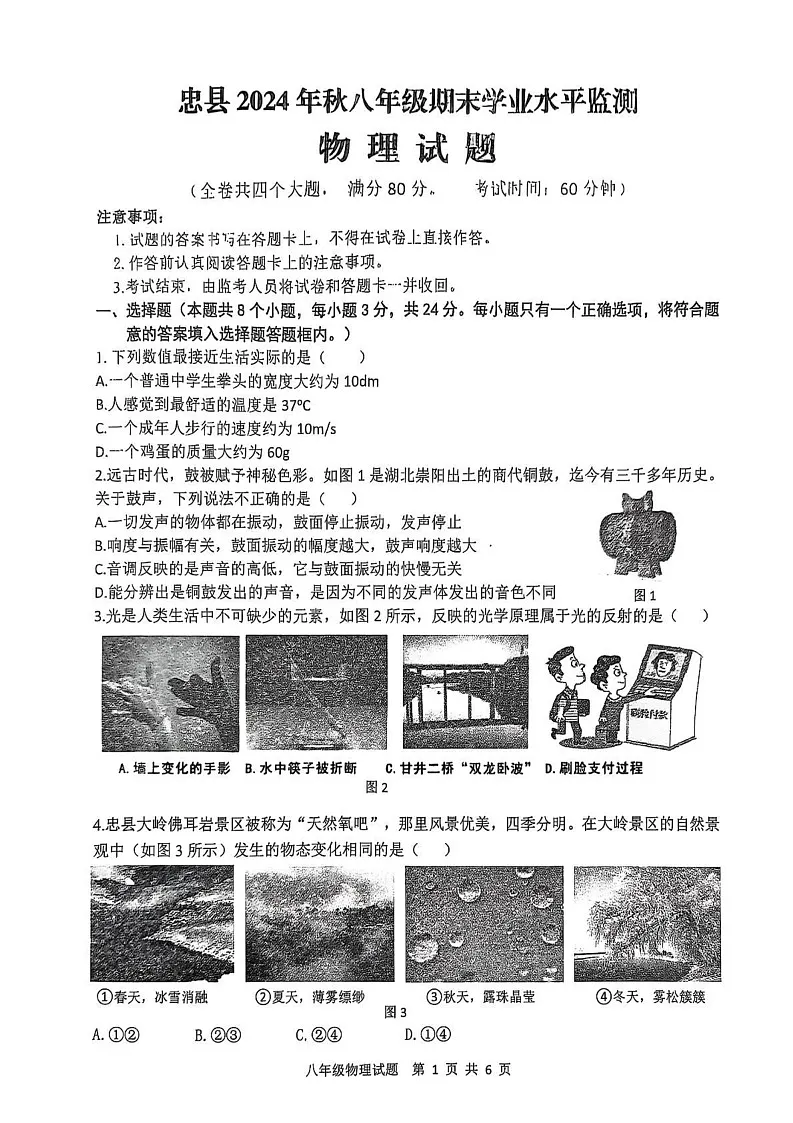 重庆市忠县2024-2025学年八年级上学期期末考试物理试题第1页