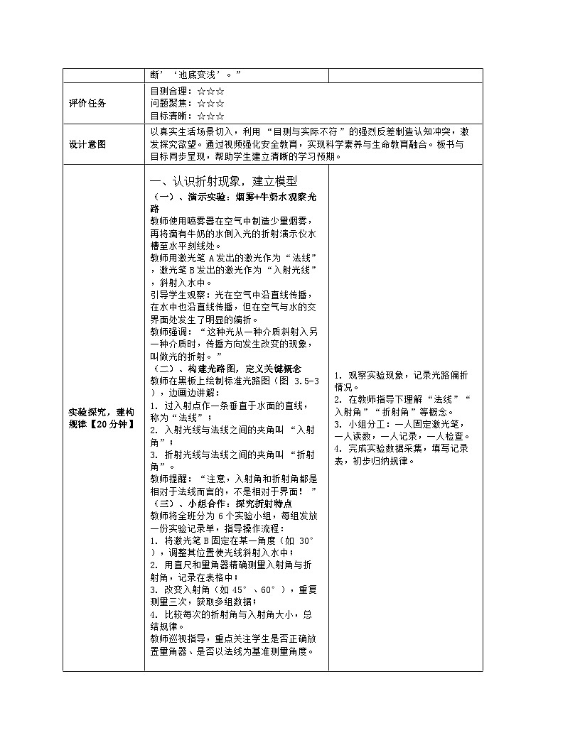《第三章 光现象：5 探究光的折射特点》教学设计（表格版）-2025-2026学年北师大版（北京）（2024）物理八年级全一册第3页