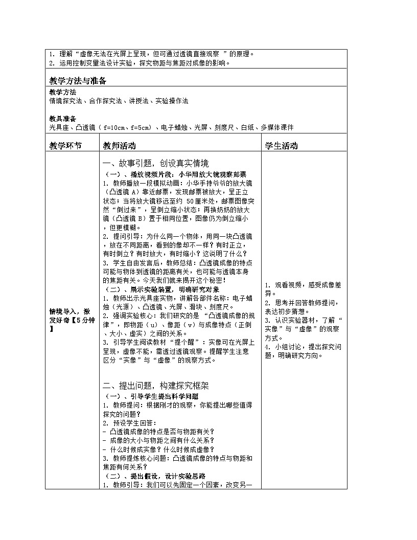 《第四章 透镜及其应用：2 探究凸透镜成像的规律》教学设计（表格版）-2025-2026学年北师大版（北京）（2024）物理八年级全一册第2页