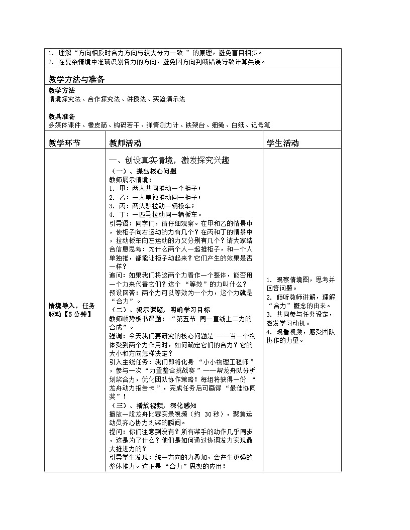 《第七章 物体间的相互作用：5 同一直线上二力的合成》教学设计（表格版）-2025-2026学年北师大版（北京）（2024）物理八年级全一册第2页