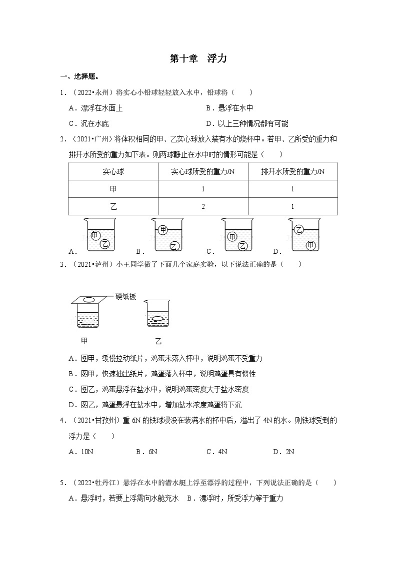 （人教版）中考物理一轮复习考点讲与练第10章  浮力真题演练（原卷版）第1页