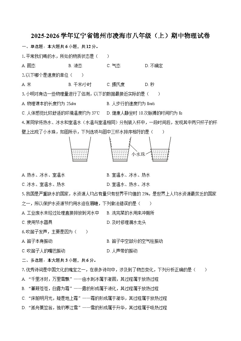 2025-2026学年辽宁省锦州市凌海市八年级（上）期中物理试卷-自定义类型第1页