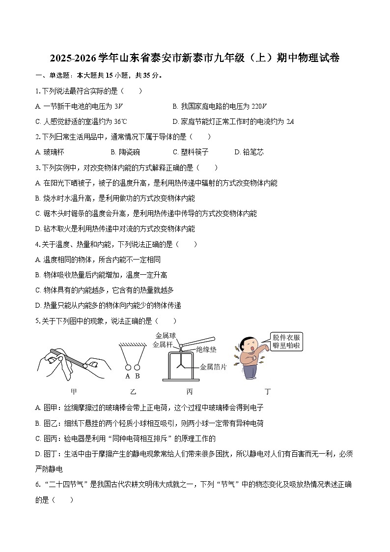 2025-2026学年山东省泰安市新泰市九年级（上）期中物理试卷-自定义类型第1页