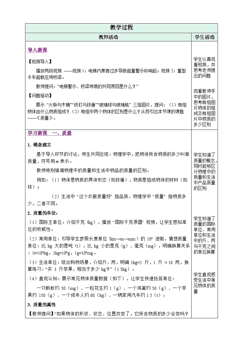 第1节   质量（表格式教学设计）物理人教版2024八年级上册第2页