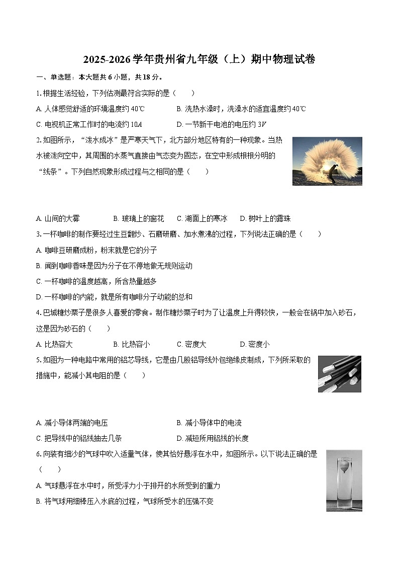 2025-2026学年贵州省九年级（上）期中物理试卷-自定义类型第1页
