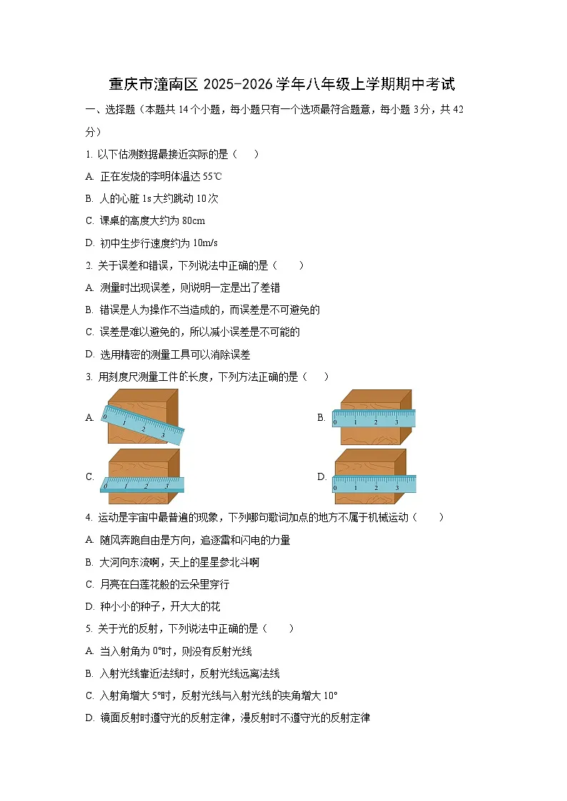 重庆市潼南区2025-2026学年八年级上学期期中考试物理试卷（学生版）第1页