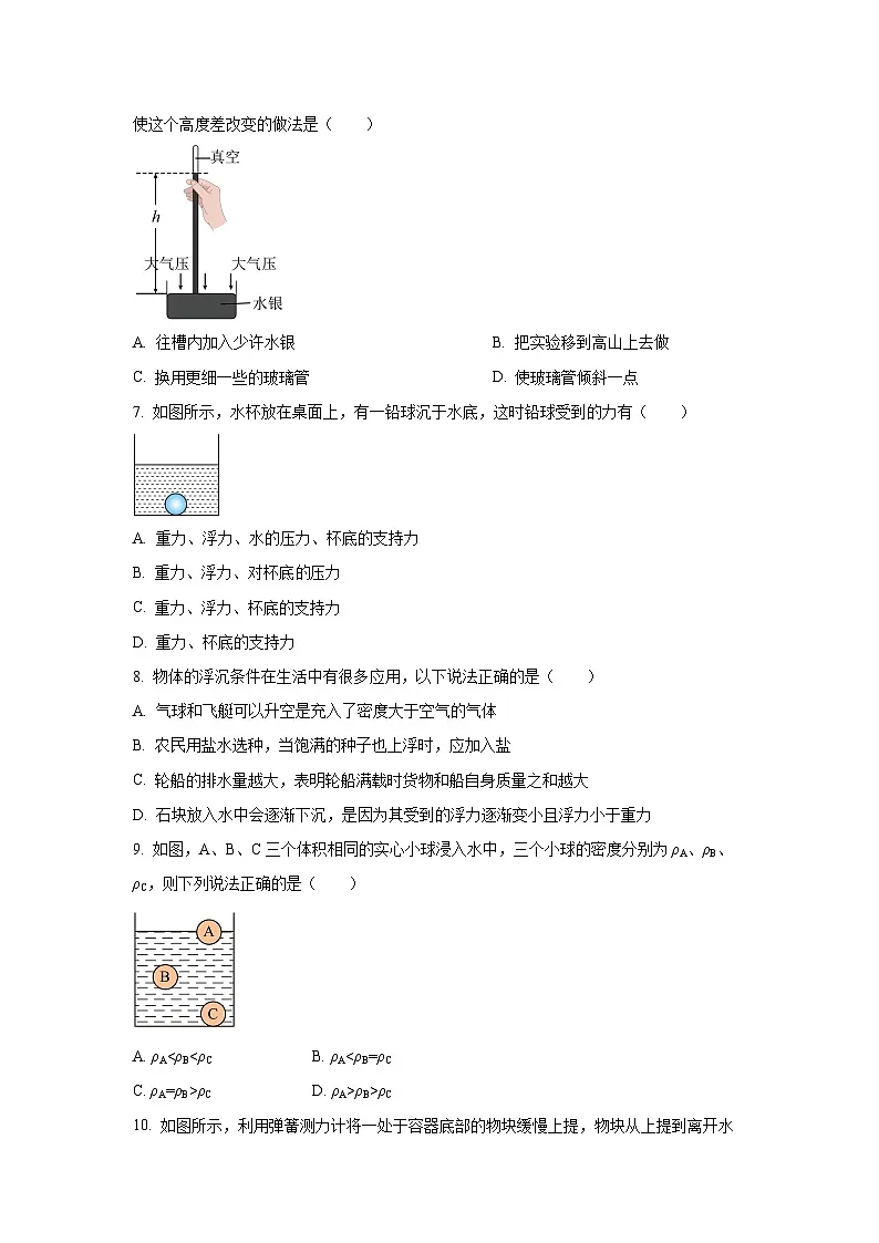 重庆市某校2024-2025学年八年级下学期期中考试物理试卷（学生版）第3页