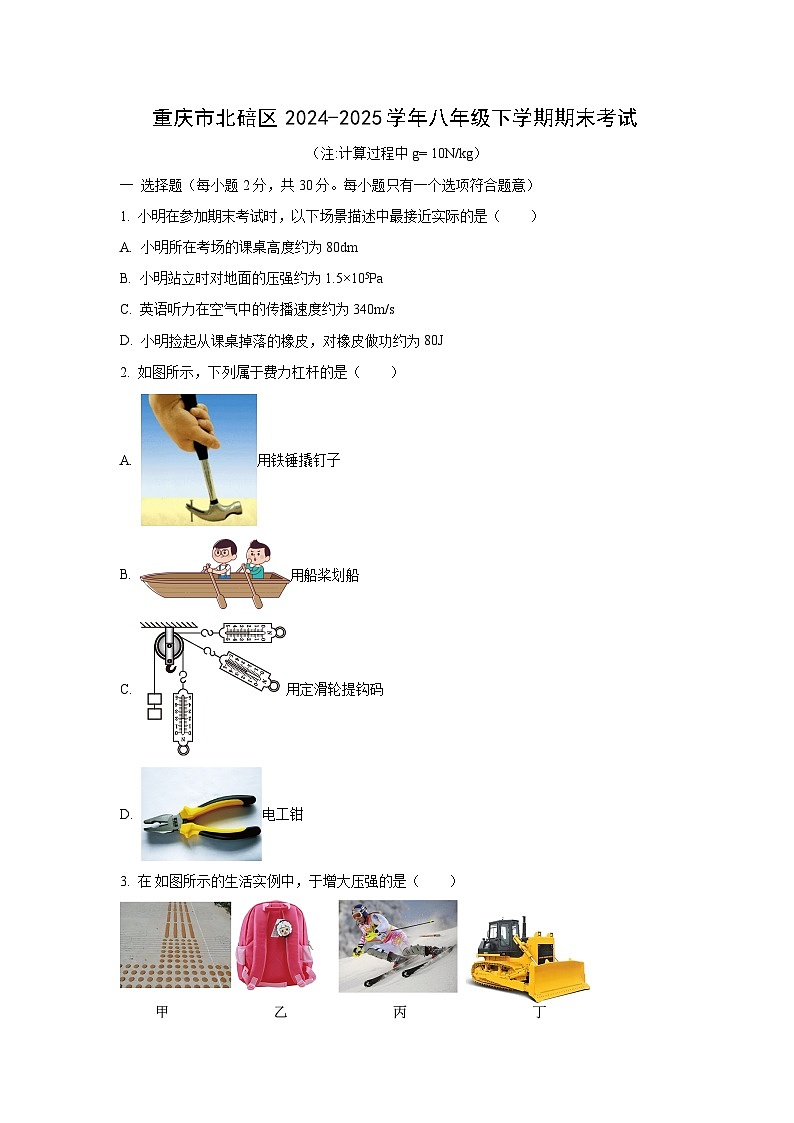 重庆市北碚区2024-2025学年八年级下学期期末考试物理试卷（学生版）第1页