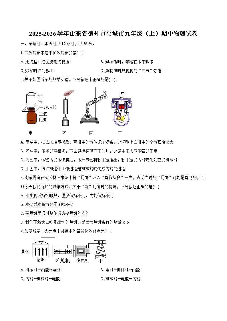 2025-2026学年山东省德州市禹城市九年级（上）期中物理试卷（含答案+解析）第1页