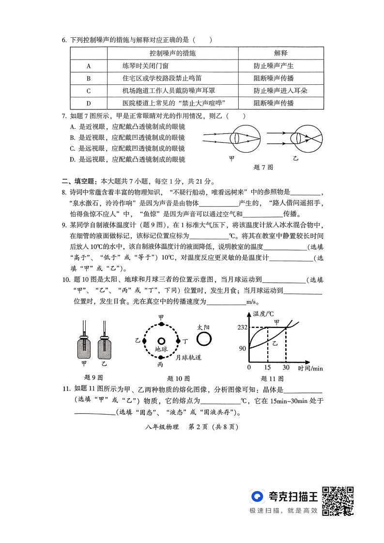 广东省韶关市2024-2025学年八年级上学期1月期末物理试题第2页