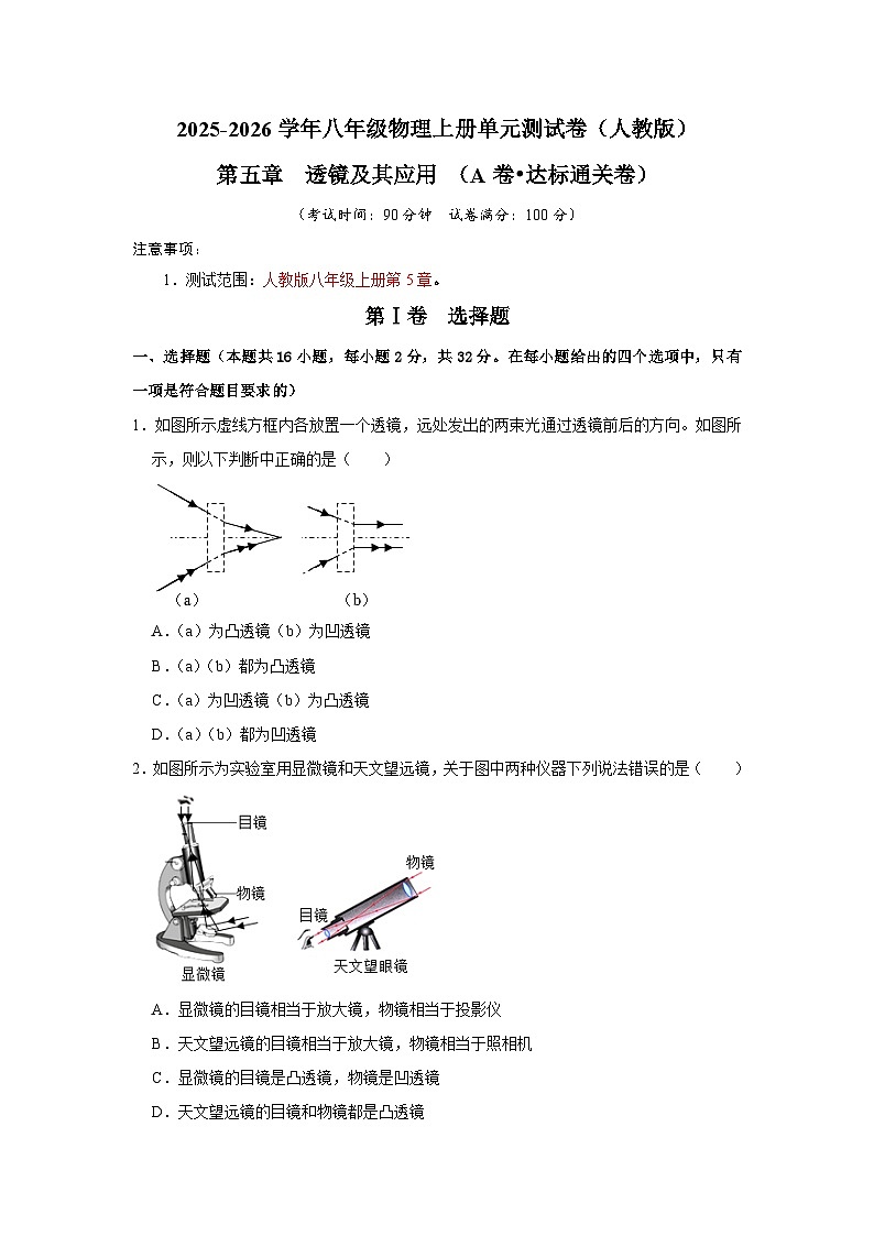第5章  透镜及其应用（A卷 达标通关卷）（原卷版）第1页
