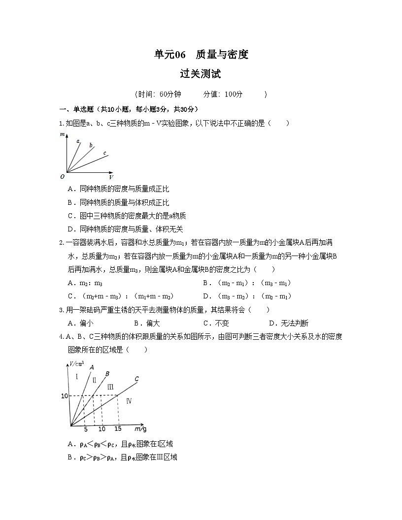 人教版八年级物理上册单元练习卷·单元06  质量与密度【过关测试】（原卷版）第1页
