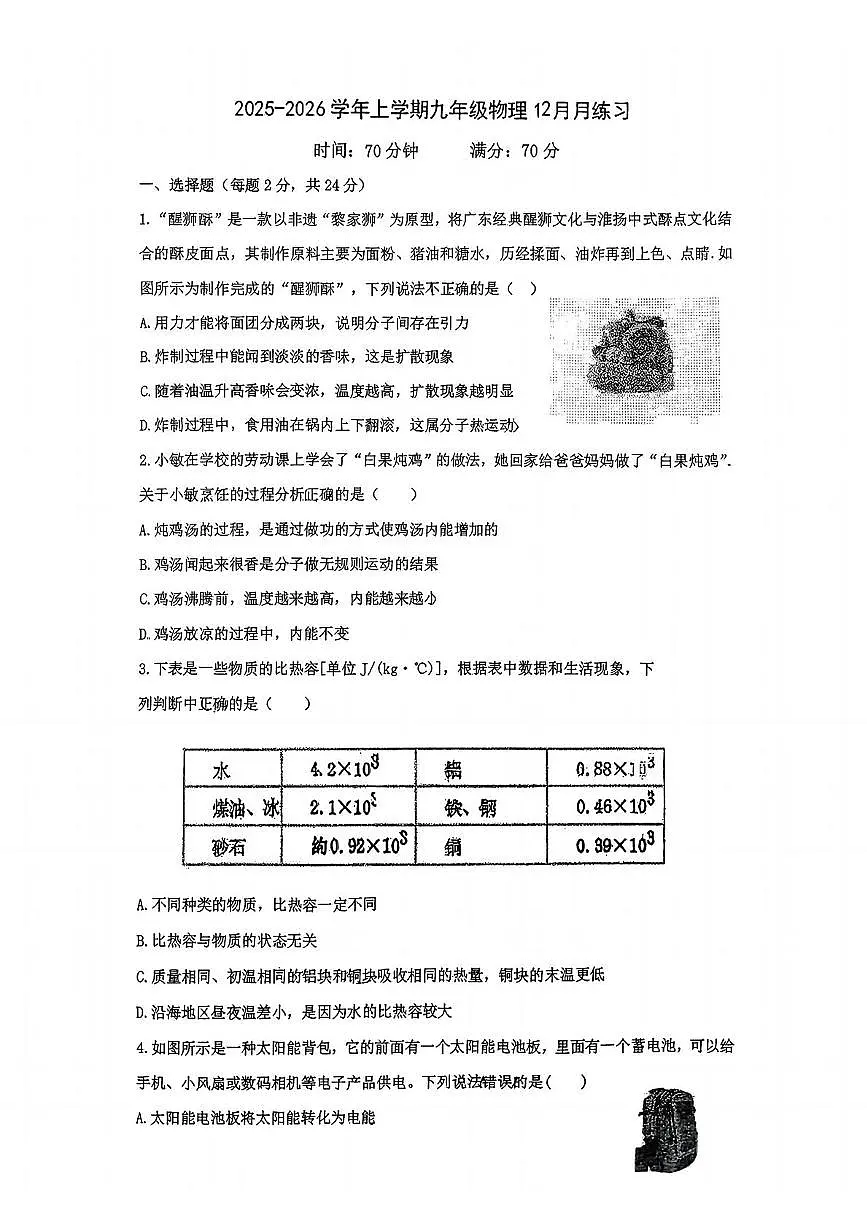 湖北省襄阳市樊城区襄阳市第二十一中学2025-2026学年九年级上学期12月月考物理试题第1页