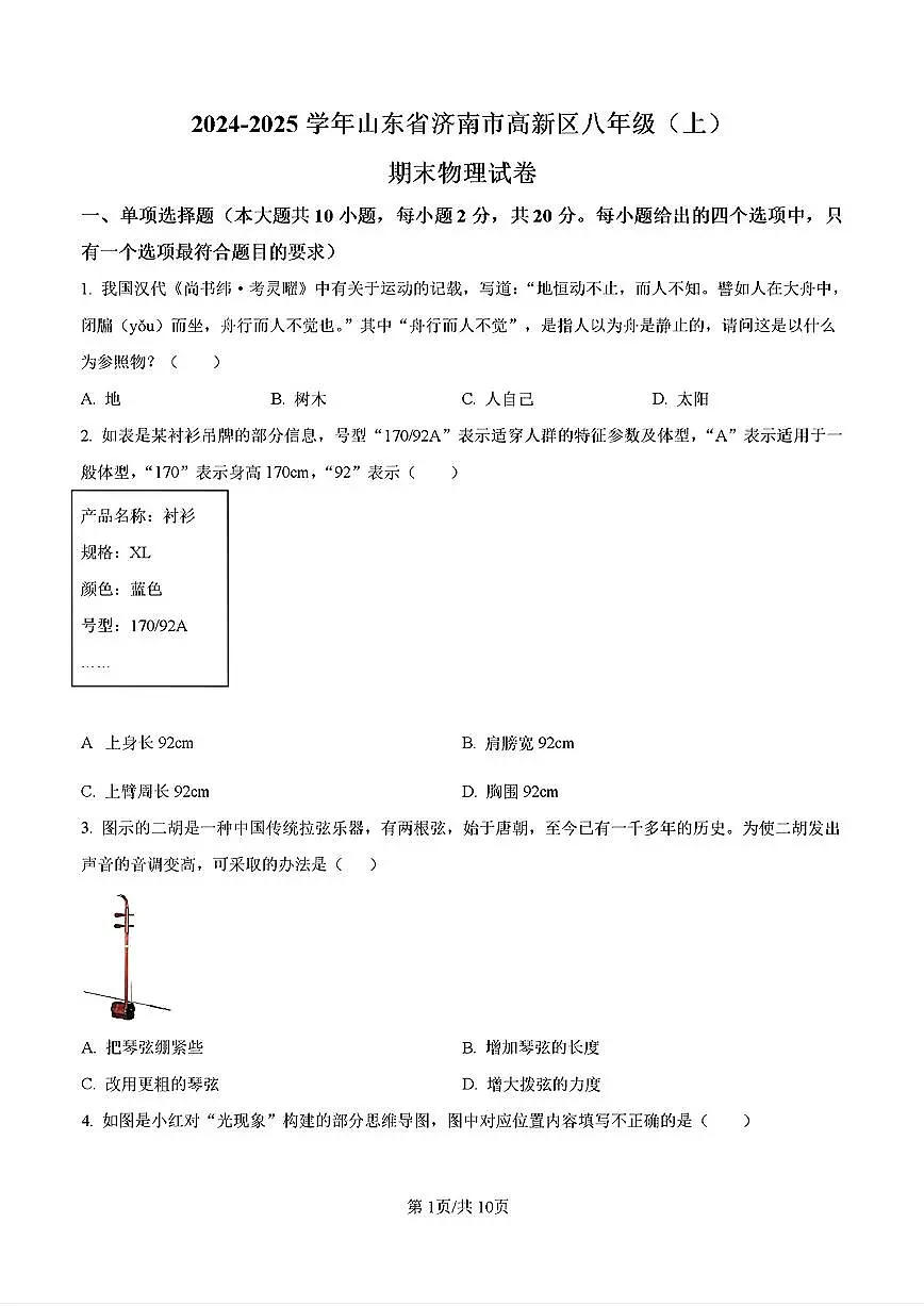 2025年济南市高新区八年级物理上学期期末考试及其答案解析第1页