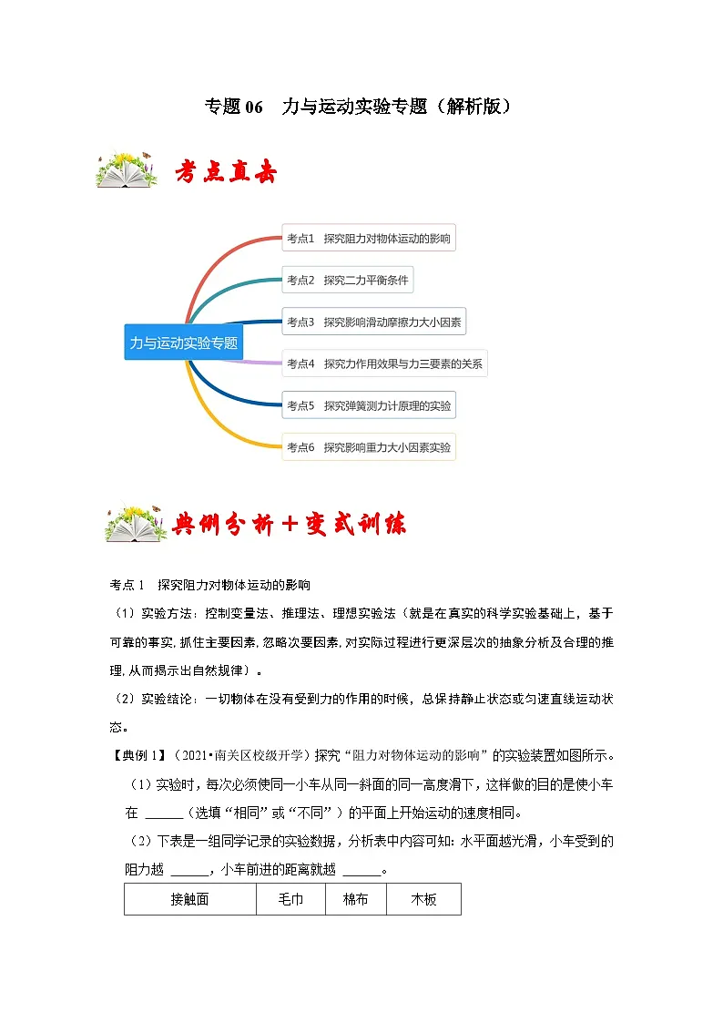 （人教版）八年级物理下册期末考点复习训练专题06 力与运动实验专题（解析版）第1页