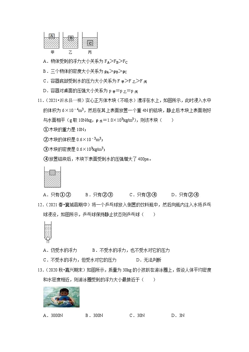 （人教版）八年级物理下册第十章《浮力》单元测试卷（原卷版）第3页