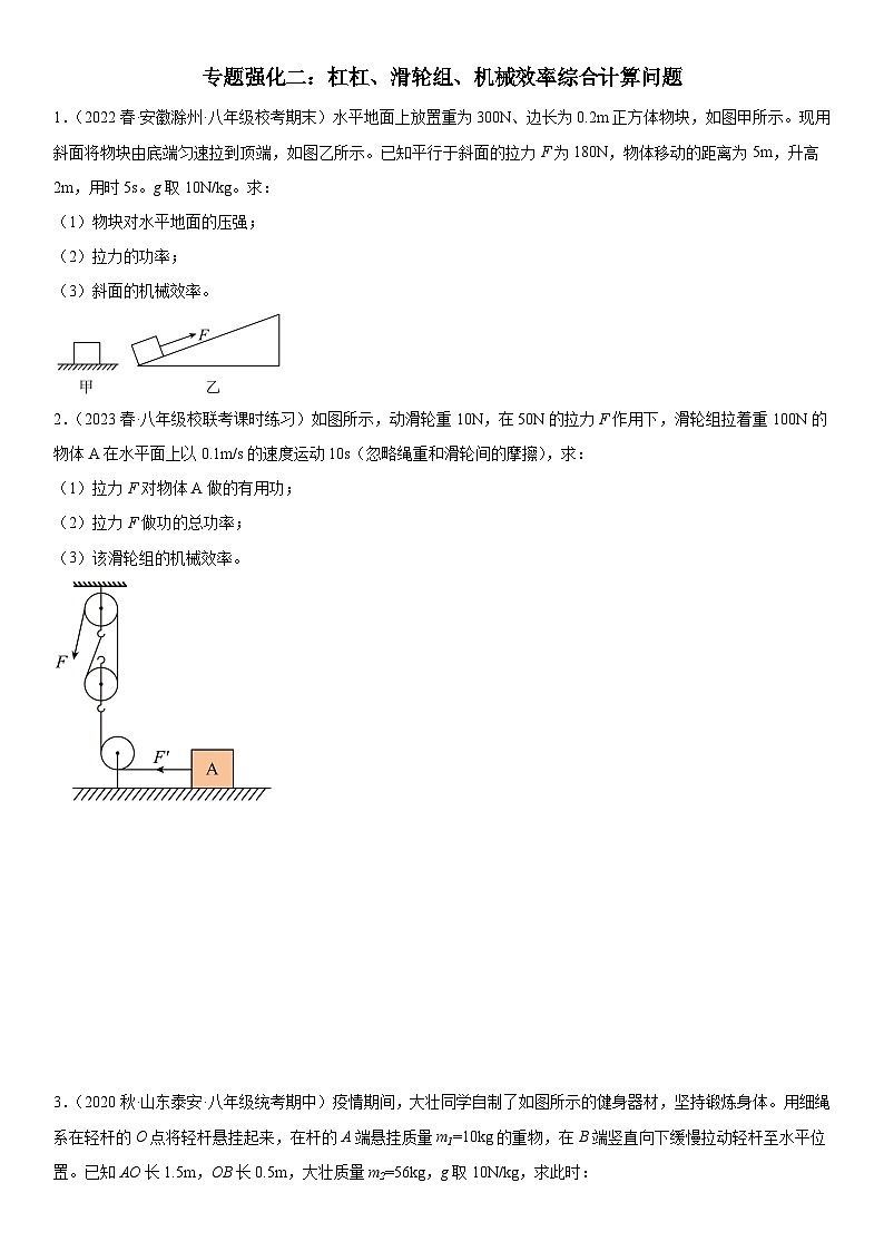 （人教版）八年级物理下册期末复习专题训练  杠杠、滑轮组、机械效率综合计算问题（含详解）第1页