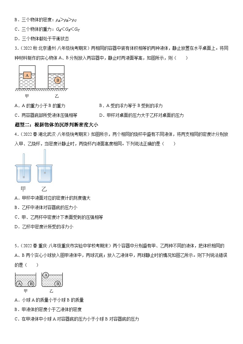 （人教版）八年级物理下册期末复习专题训练  物体浮沉条件判断及其应用技巧（含详解）第2页