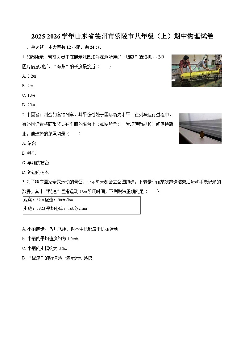 2025-2026学年山东省德州市乐陵市八年级（上）期中物理试卷-自定义类型第1页