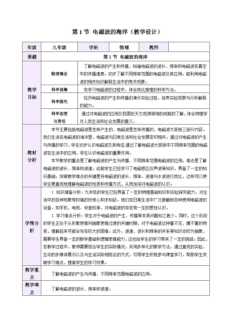教学设计：人教版2024初中物理九年级21-1  电磁波的海洋第1页