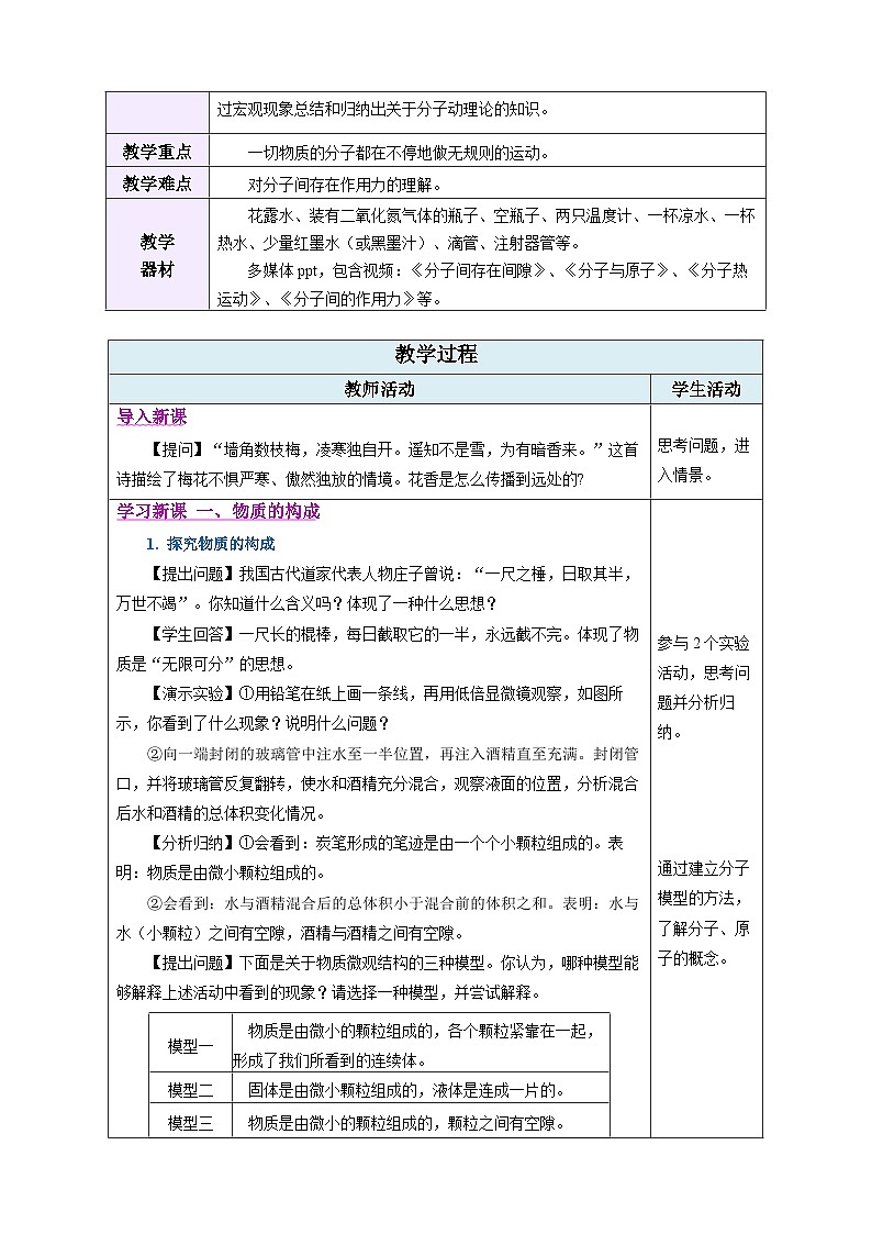 第2节 分子动理论的初步知识（表格式教学设计）物理人教版2024九年级全一册第2页