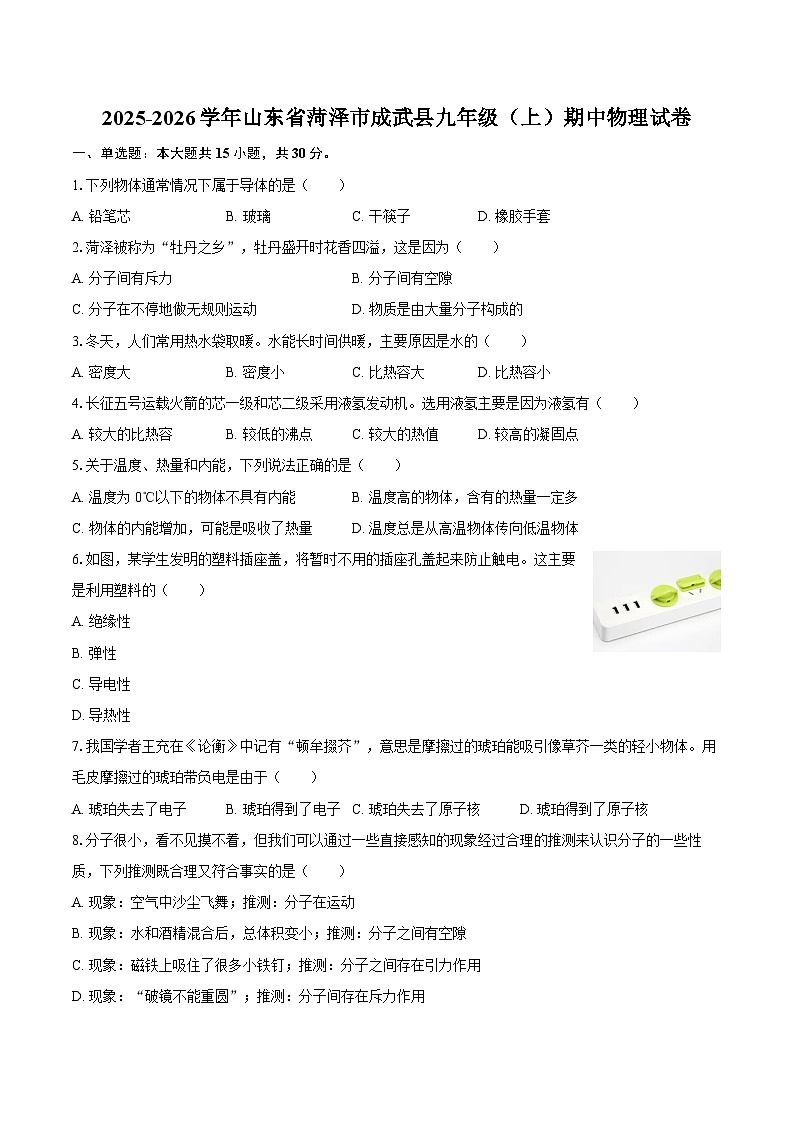 2025-2026学年山东省菏泽市成武县九年级（上）期中物理试卷-自定义类型第1页