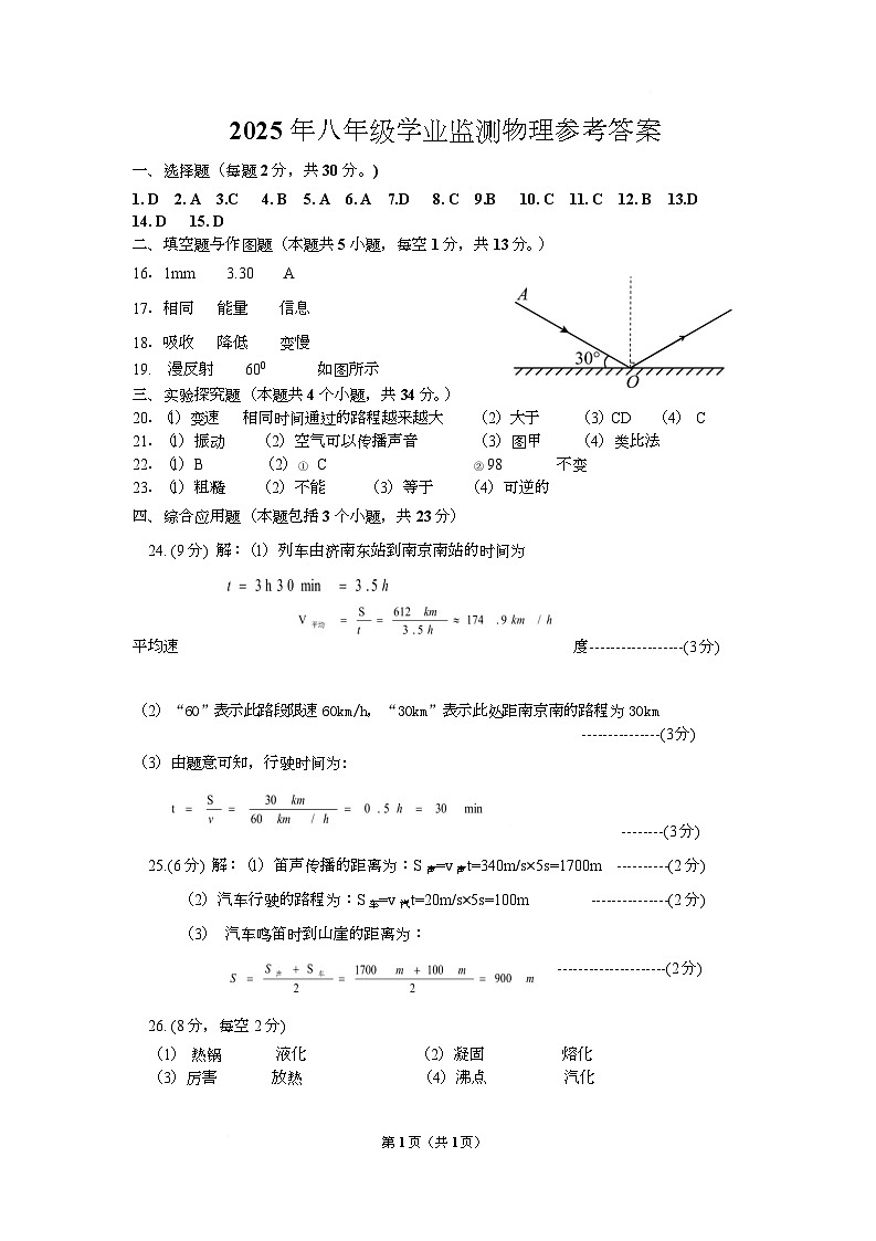 八年级物理参考答案第1页