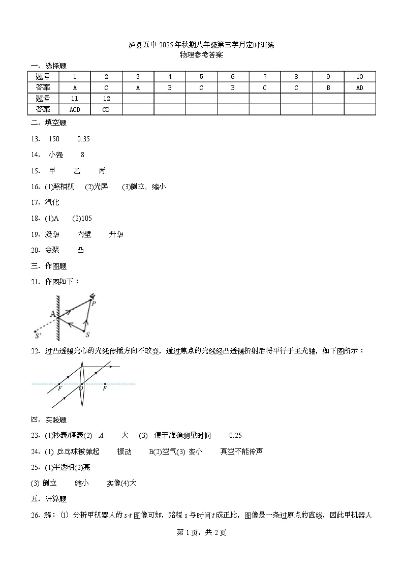 泸县五中2025年秋季八年级第三学月考试物理试题 物理答案第1页