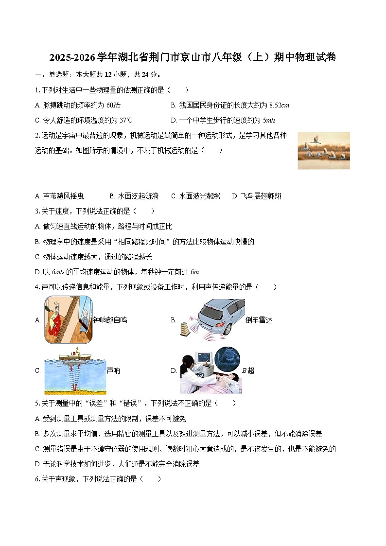 2025-2026学年湖北省荆门市京山市八年级（上）期中物理试卷-自定义类型第1页