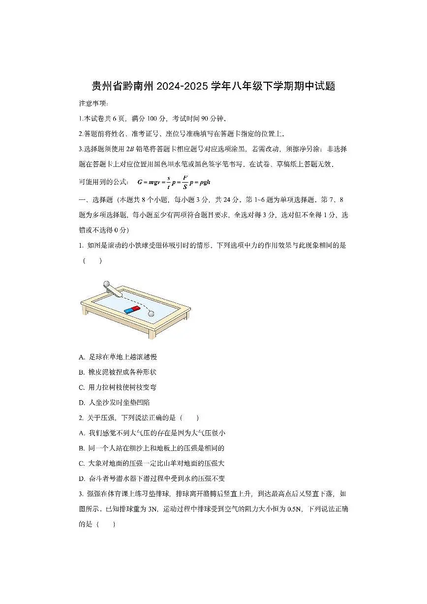 贵州省黔南布依族苗族自治州2024-2025学年八年级下学期期中物理试卷（学生版）第1页
