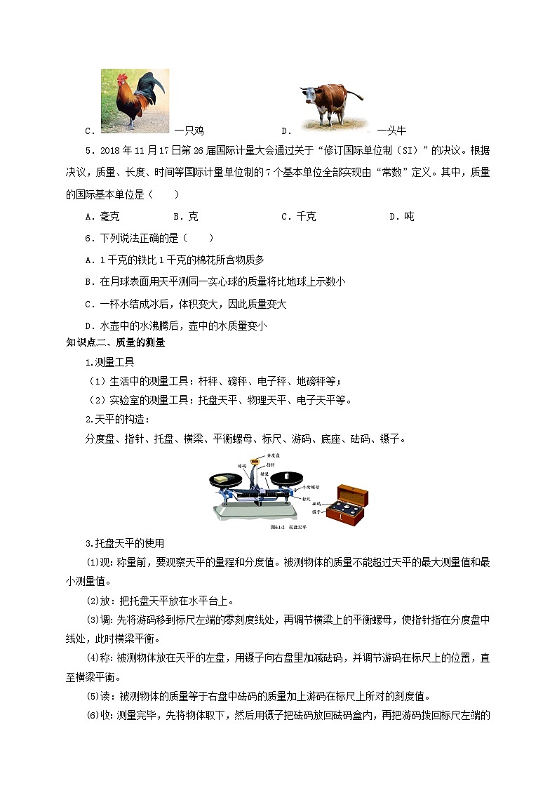 （人教版）八年级物理上册同步考点突破练习第1节  质量（原卷版）第2页