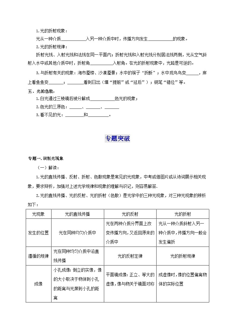 （人教版）八年级物理上册第4章  光现象（知识清单+专题突破）（原卷版）第2页
