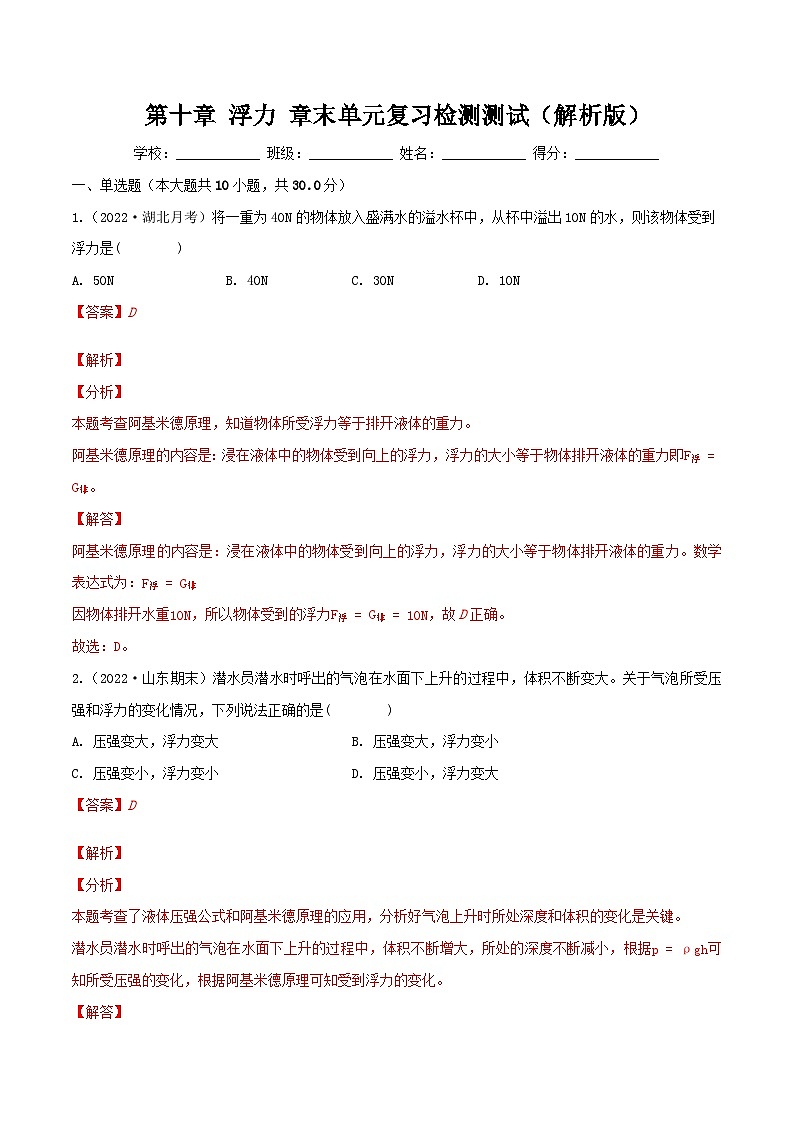 （人教版）八年级物理下册第十章 浮力 章末单元复习检测测试（解析版）第1页