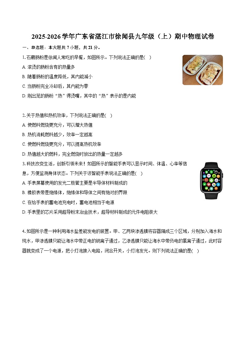 2025-2026学年广东省湛江市徐闻县九年级（上）期中物理试卷（含答案+解析）第1页