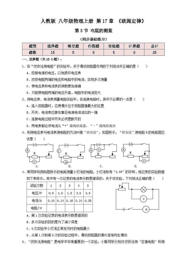 （人教版）九年级物理同步讲与练17.3电阻的测量（同步练习）原卷版第1页