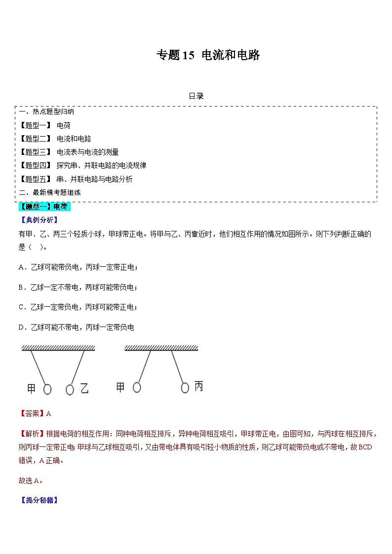 中考物理二轮复习考点题型归纳与变式演练专题15 电流和电路（解析版）第1页