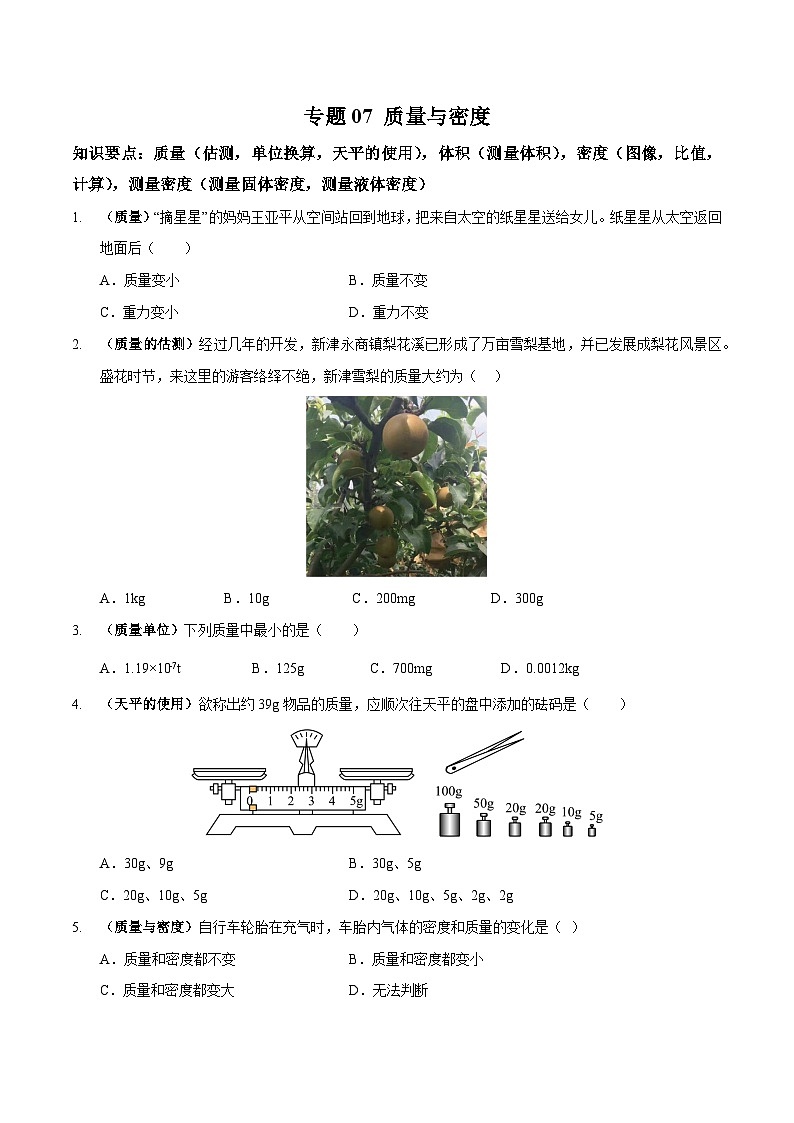 中考物理二轮复习高频考点训练专题07 质量与密度（原卷版）第1页