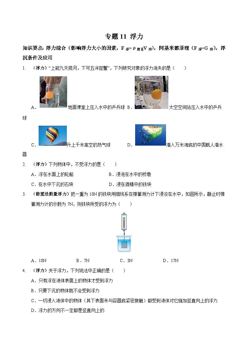 中考物理二轮复习高频考点训练专题11 浮力（原卷版）第1页