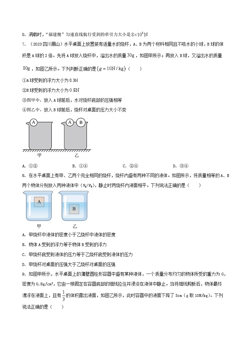 中考物理二轮复习考点精练专题25 压强与浮力综合难题选择题（原卷版） 第3页