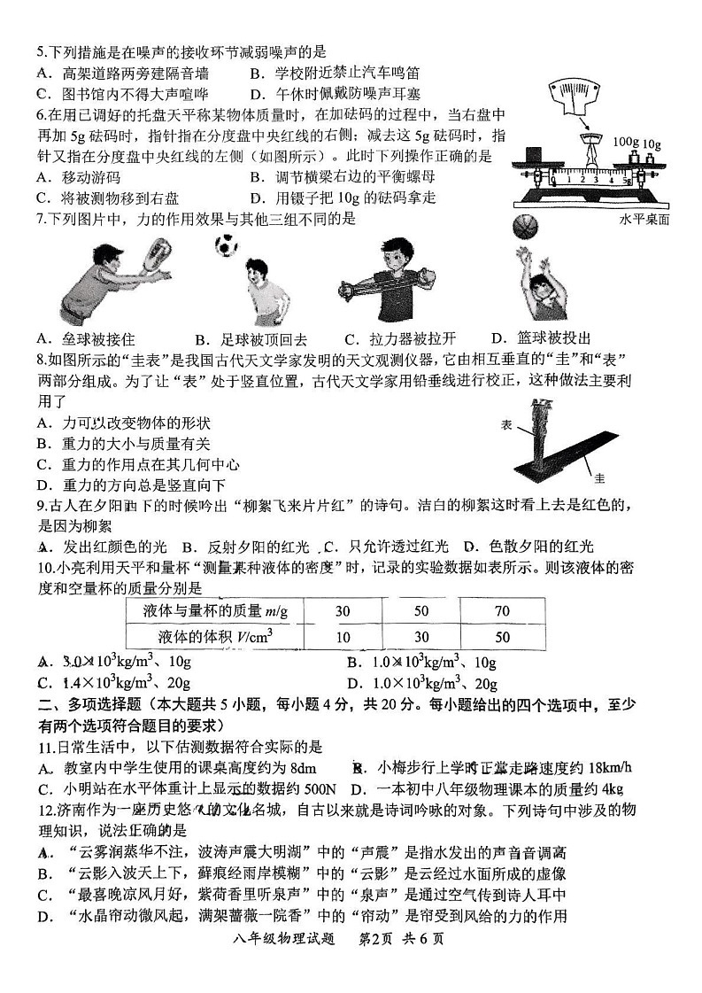 山东省济南市槐荫区2024-2025学年八年级上学期物理期末考试卷第2页